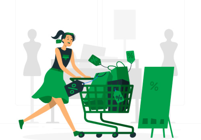 Illustration: Kundin mit Einkaufswagen