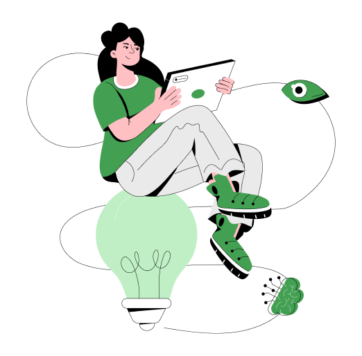Illustration: Fachkraft am Laptop mit Glühbirne