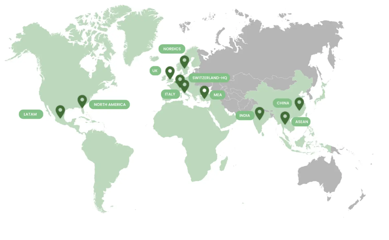 Mappa mondiale degli hub di Kilpatrick Executive: Nord America, LATAM, Regno Unito, Paesi nordici, Svizzera (sede centrale), Italia, MEA, India, Cina e ASEAN