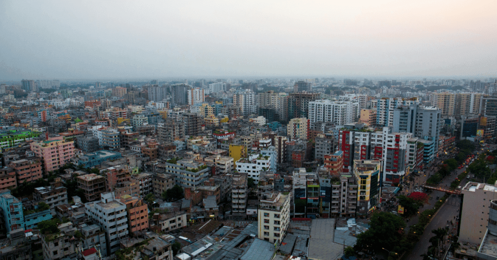 A city of the sky line of Bangladesh with a lot of buildings