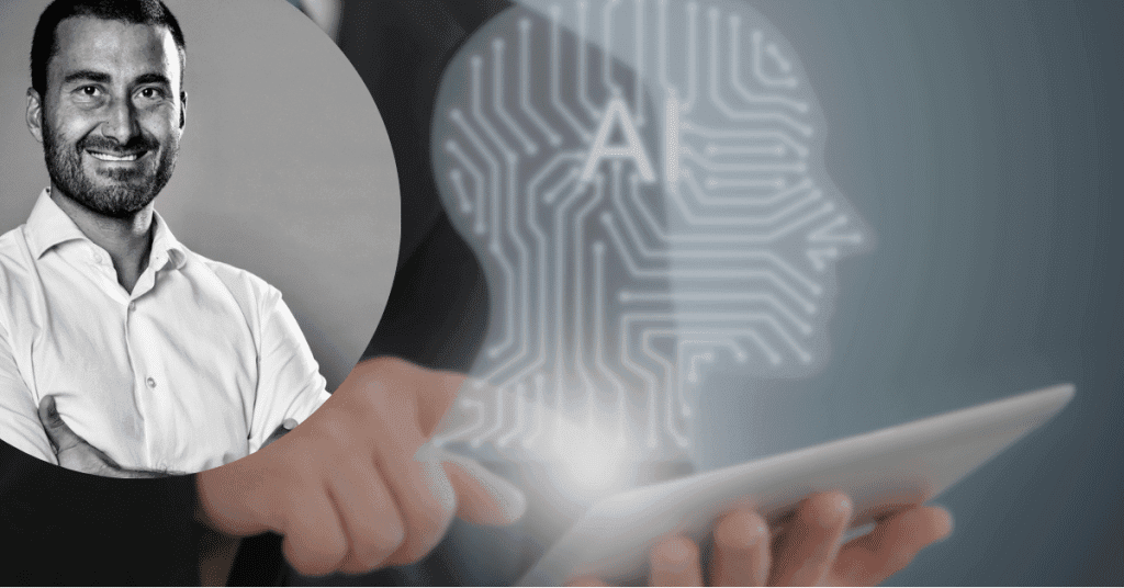 Portrait of professional alongside a futuristic AI graphic, symbolizing the impact of the EU AI Act on HR and recruiting, with the AI-human synergy theme.