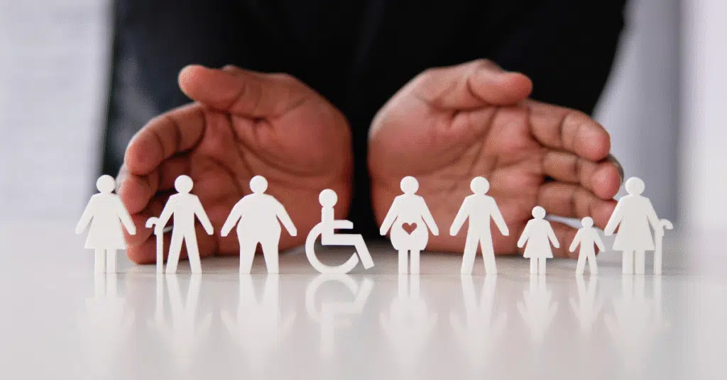 Ilustración de un equipo laboral diverso colaborando en un entorno corporativo moderno en México en 2025, representando inclusión, igualdad y equidad.