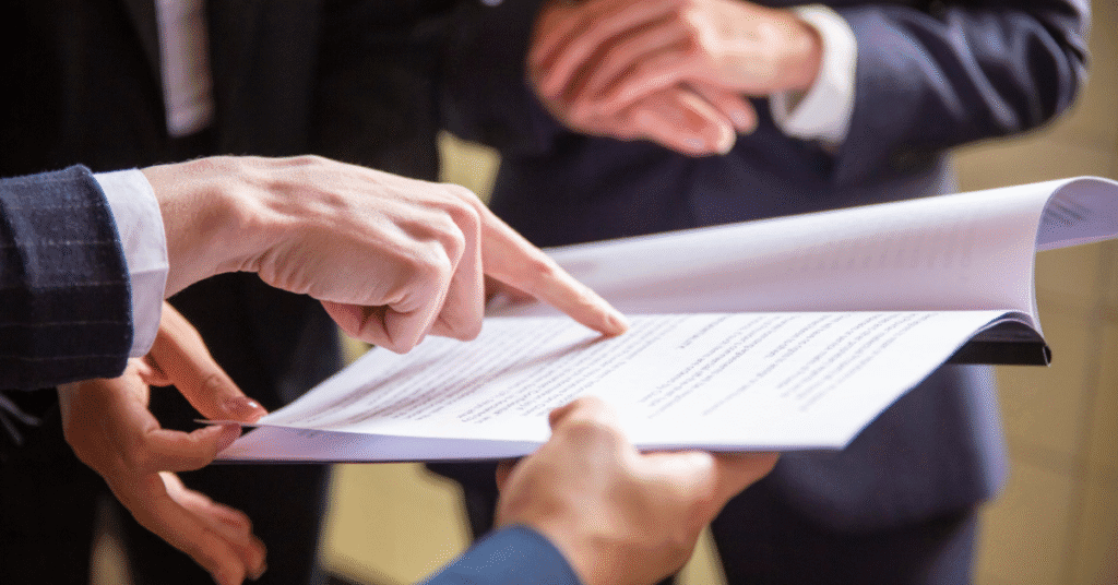Manos revisando un contrato laboral en una junta de compliance empresarial, imagen representativa de la asesoría legal de Kilpatrick en México.