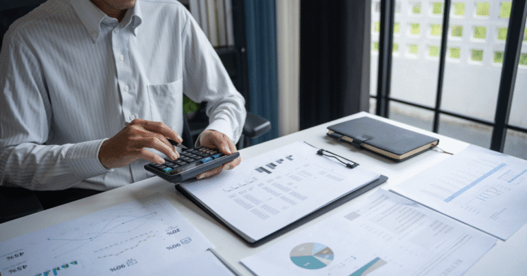 Persona analizando gráficos financieros y datos de cumplimiento laboral en oficina, estrategia corporativa con Kilpatrick