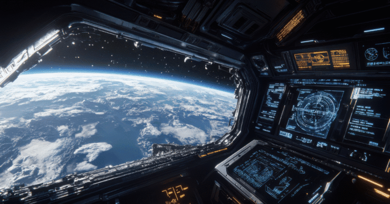 Vista dallo spazio della Terra da una cabina di comando, simbolo dell’innovazione umana nel settore aerospaziale secondo l’approccio Kilpatrick